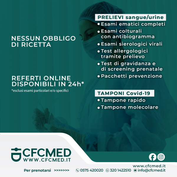 Il CFCMed - Centro Fisioterapico Casentinese è PUNTO PRELIEVI #Bianalisi.
E' possibile quindi prenotare esami del sangue o delle urine oppure effettuare tamponi Covid-19.