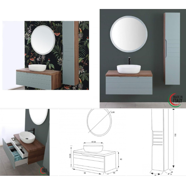 Nuovo mobile bagno AMALFI nella finitura NOCE/VERDE SALVIA completo di lavabo ovale in ceramica e specchio e una consolle verticale multi ripiano optional.