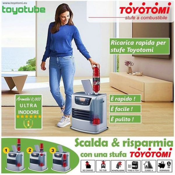 • Nessun contatto con il combustibile, Mani pulite, pavimento pulito.
• La pratica confezione da 6 bottiglie permette al consumatore un facile trasporto.
• Toyotube è compatibile con tutte le stufe prodotte da Toyotomi.