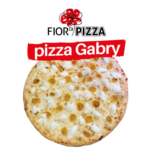 PIZZA GABRY: bianca con mozzarella, pecorino e pomodorini gialli in cottura, abbinati a miele e mozzarella di bufala fuori cottura